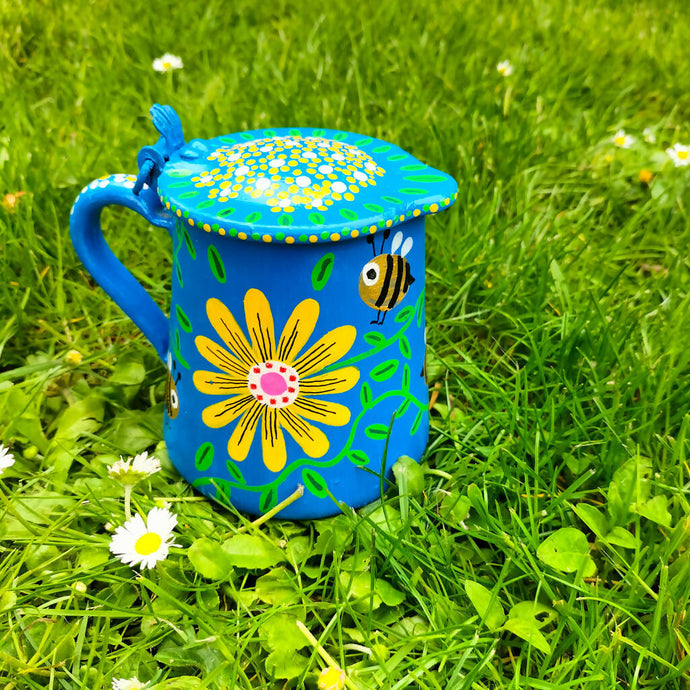 Cafetiére bleue fleurs et abeilles décorée à la main